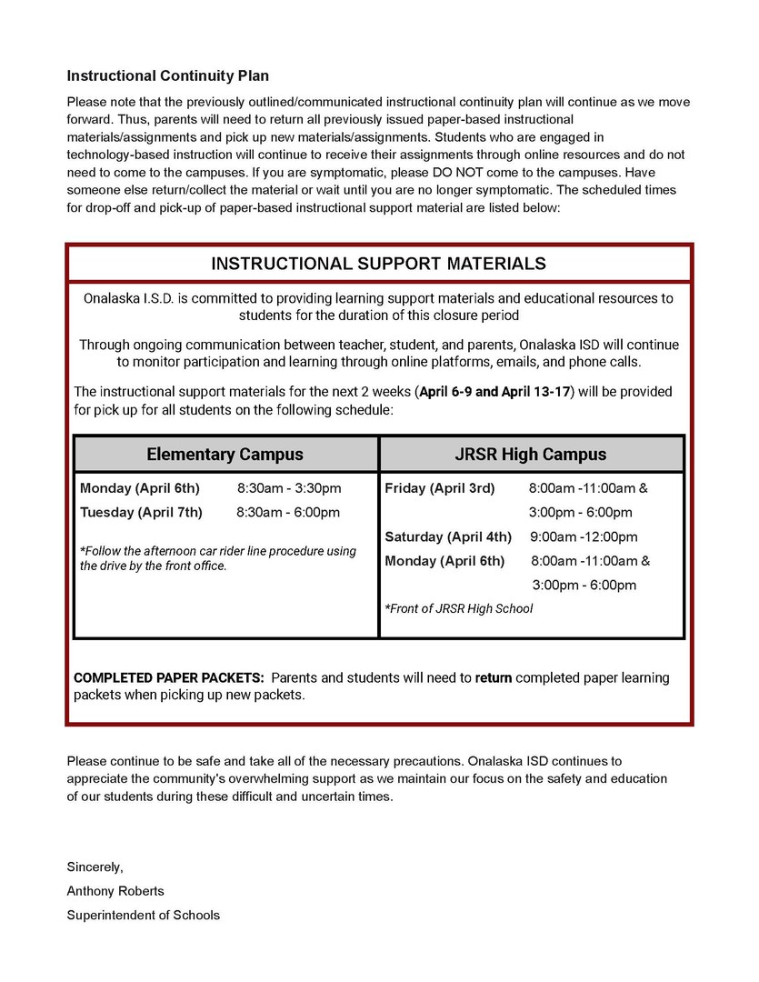 Onalaska ISD Updated Extended Closure Resource Information